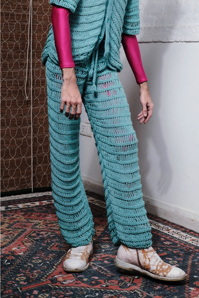 COIL HAND KNITTED PANTS IN POWDER BLUE