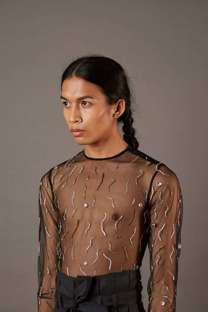 QUOD SPACE ROCK HAND EMBROIDERED TOP IN SHEER BLACK
