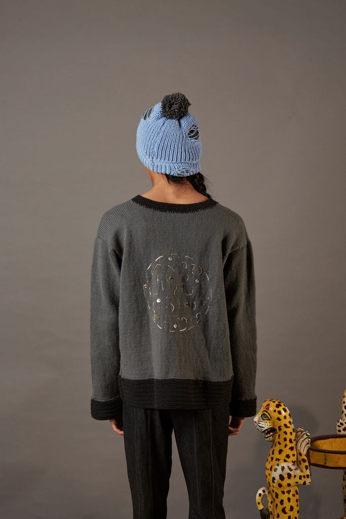 QUOD HAND EMBROIDERED SEAHORSE SWEATER IN ORGANIC WOOL IN CHARCOAL